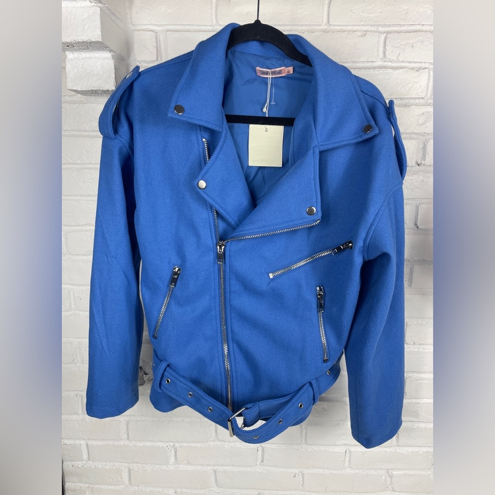Skylar Rose‎ blue moto jacket Large belted zip front structured coat